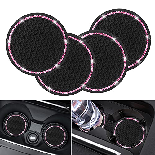 4-Pack Rhinestone Car Cup Holder Coasters, 2.75-Inch Silicone Anti-Slip Mats