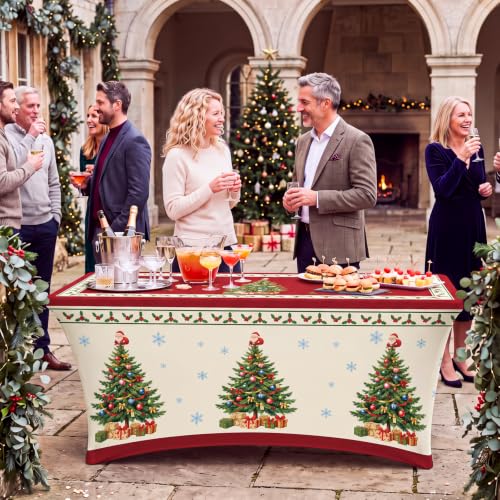 Red Christmas Tree Stretch Table Cover for 6ft Tables - Snowflake Design