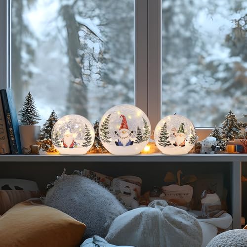 Lighted Christmas Gnome Crackle Glass Globes - Set of 3 with Timer