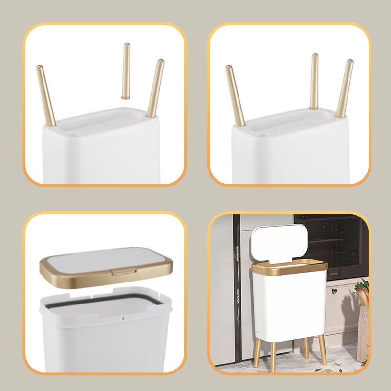 4 Gallon Slim Bathroom Trash Can with Lid and Legs White and Gold