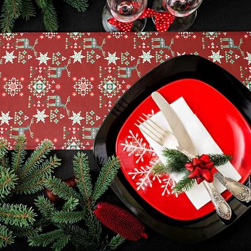 Christmas Table Runner 13x72 Red with Reindeer and Snowflake Geometric Pattern