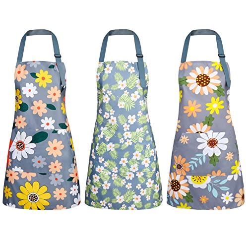 3-Pack Floral Waterproof Aprons with Pockets - Adjustable Kitchen Cooking Bib
