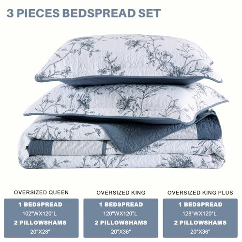 Oversized Floral King Bedspread Set - 100% Cotton, Reversible, 120x120