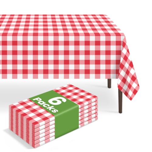 LIKAJON 6 Pack Red Gingham Plastic Tablecloth 54 x 108 Inches - Disposable, Waterproof