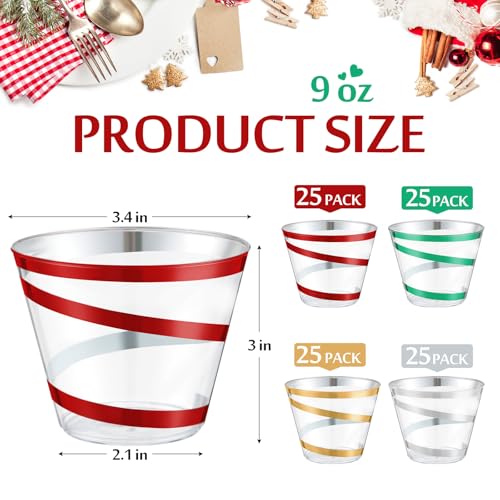 Gejoy 100 Pack 9 oz Rimmed Swirl Plastic Cups - Red, Green, Gold, Silver