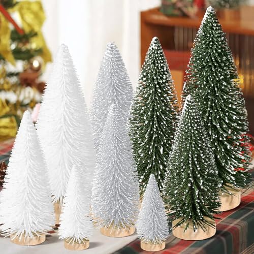 KPX 9pcs Mini Christmas Tree Set - Green, Silver, White Desktop Artificial Pine Trees with Wooden Bases