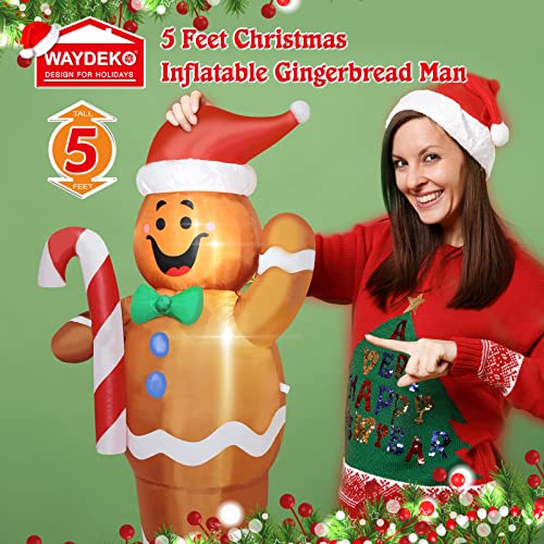 WAYDEKO 5ft Christmas Inflatable Gingerbread Man Yard Decor with Lights