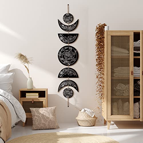 Boho Moon Phase Wall Hanging Art, Wooden Gothic Wall Decor for Home