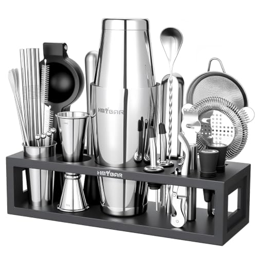 HMYBAR Black+Black 31-Piece Cocktail Shaker Set with Bamboo Stand & Recipe Cards