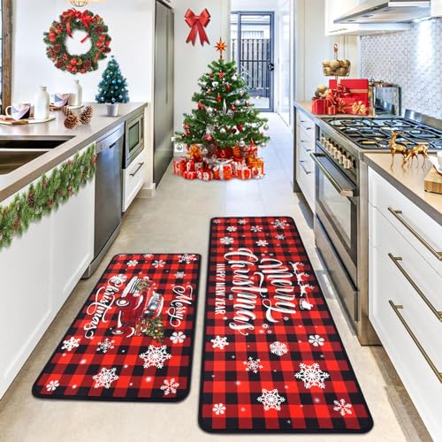 Voanos Christmas Buffalo Plaid Kitchen Rugs Set - Red Truck Holiday Decor, 17x30 & 17x47 Rectangular Variations