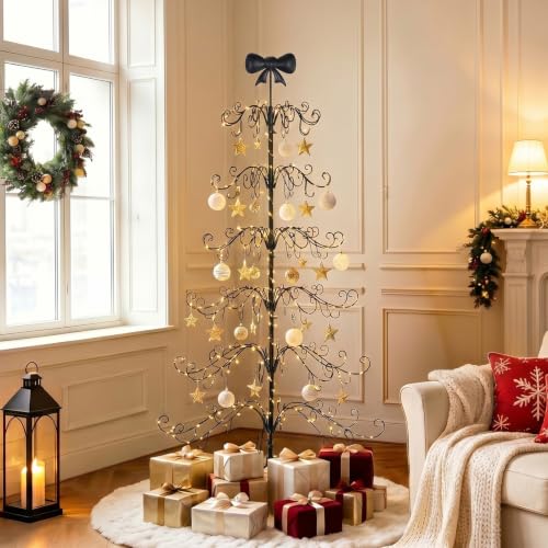6ft Wrought Iron Christmas Ornament Display Tree Stand with Bow Topper