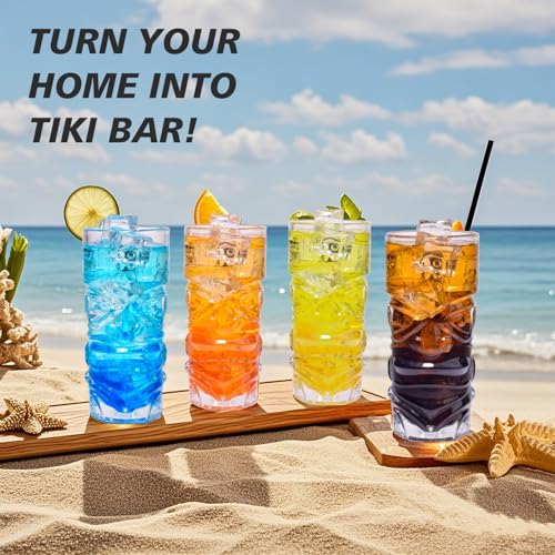 PYVYLO 15oz Set of 6 Tiki Glasses - Clear Glass Cocktail Cups with Tiki Face Design