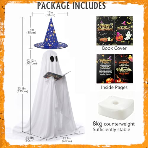 53-Inch Standing Halloween Ghost Decoration with Witch Hat & Glowing Book