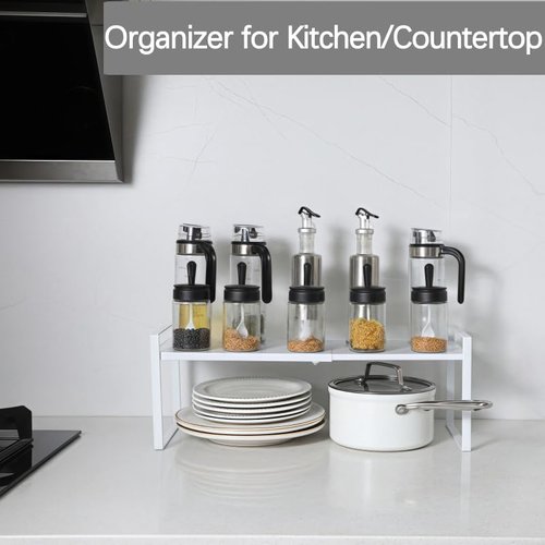 Expandable Cabinet Shelf Organizer Riser for Kitchen Pantry Cupboard Under Sink Countertop (white, 8.2’’D * 12.2-21.6’’W * 7.7’’H)