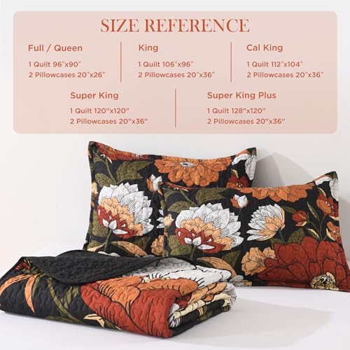 Andency Black Floral Boho King Quilt Set - 3-Piece Reversible Bedspread