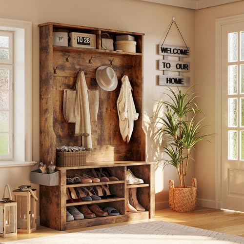 5-in-1 Entryway Hall Tree with Storage Bench and Coat Rack, Rustic Brown