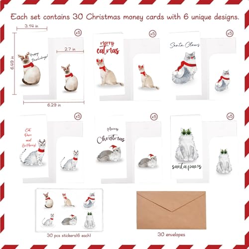 Christmas Cat Money Holder Cards Set - Includes 30 Holiday Greeting & Gift Envelopes