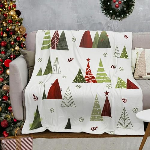 Wefrea Christmas Throw Blanket with Holiday Tree Design - White, Green, Red, 50x60 inches