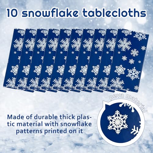 Blue Snowflake Round Tablecloths 84 Inch | 10 Pack Disposable Waterproof Plastic