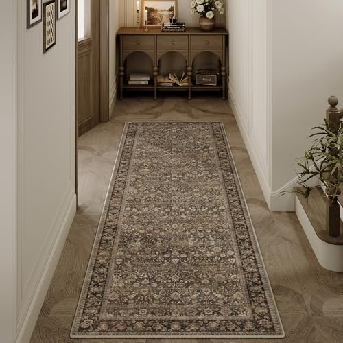 2x6 Vintage Floral Washable Runner Rug - Non-Slip Low Pile Hallway Rug