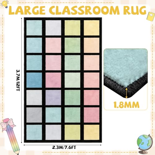 Large Pastel Squares Classroom Rug, 7.6x12 ft Washable Educational Area Mat