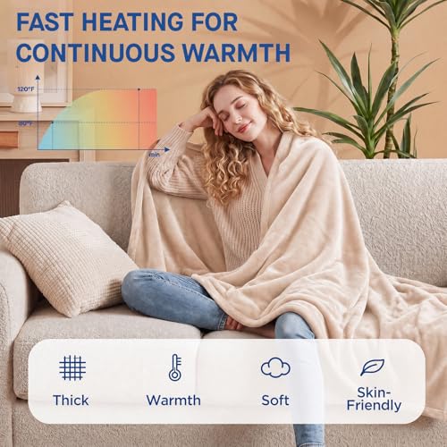 Electric Heated Blanket Throw 50x60 - 6 Heat Levels, Beige