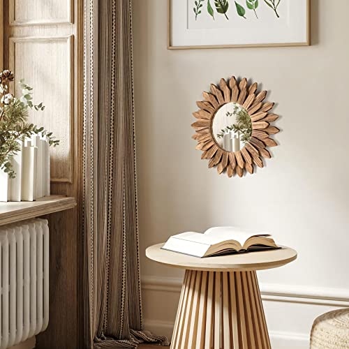 12-Inch Rustic Wood Sunburst Wall Mirror - Decorative Boho Wall Decor
