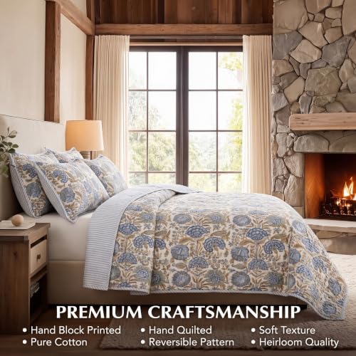 Handmade Reversible Block Print Quilt - Asparagus Green King 96" x 106"
