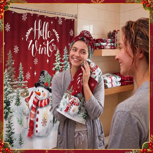 Tranqun Christmas Shower Curtain Set with Towels, Mat, Toilet Lid Cover & Hooks – Winter Holiday Bathroom Decor