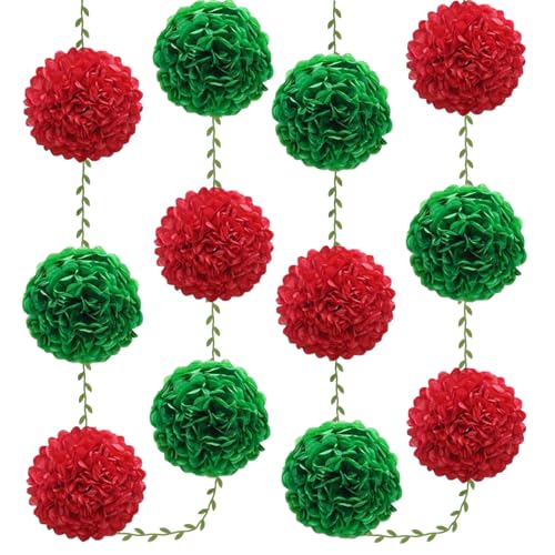 Red Tissue Paper Pom Pom Garland for Christmas & Events - 2 Pack, 16.4ft