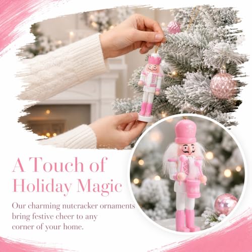 Pink Wooden Nutcracker Christmas Ornaments - 5 Pack Hanging Soldier Decor