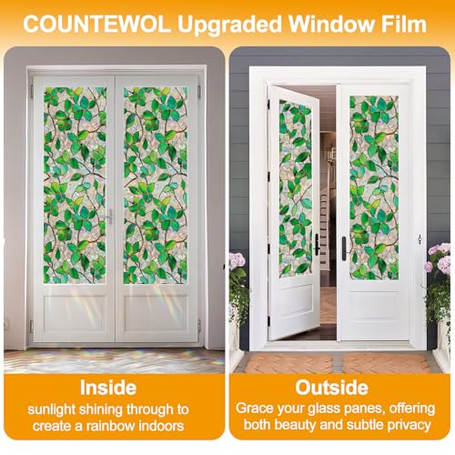 Decorative Rainbow Window Privacy Film - Green Leaf Design, 17.5 x 78.7 in