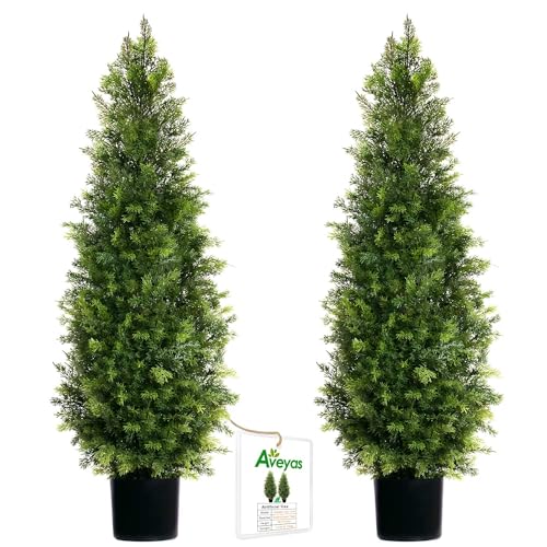 4ft Artificial Cedar Topiary Trees - Set of 2 Faux Potted Outdoor Plants