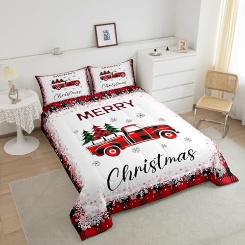 Homewish Christmas Truck Pine Tree Queen Comforter Set with Pillowcases - Holiday Bedding