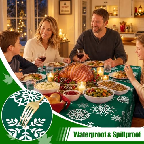 Smiry 60x120in Christmas Tablecloth with Flannel Backing – Green & White, Waterproof Vinyl