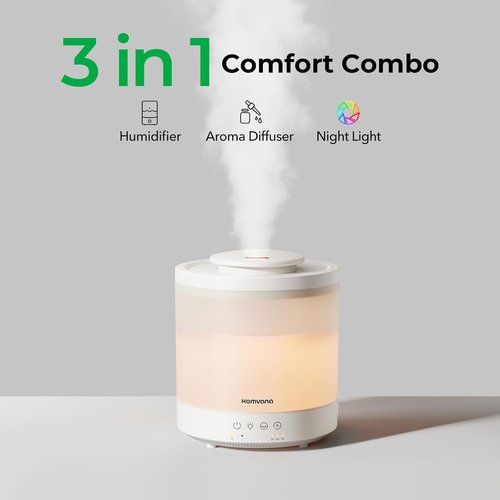 Homvana Small Humidifiers - 1.5L Cool Mist Top Fill Diffuser for Baby Nursery & Home | 3-in-1 with 7 Color Lights