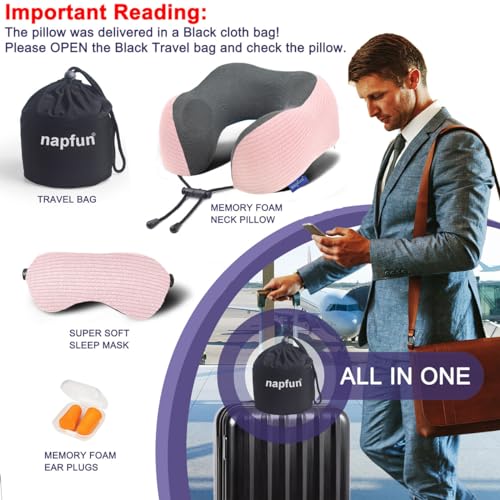 Memory Foam Travel Neck Pillow with Sleep Mask & Earplugs - Pink Striped