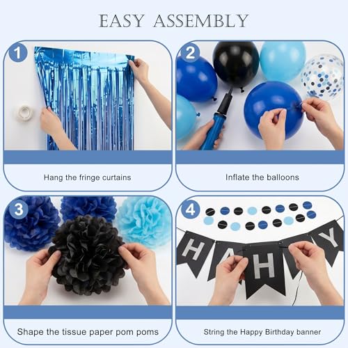 Blue and Black Birthday Party Decoration Kit with Banner, Balloons and Curtain