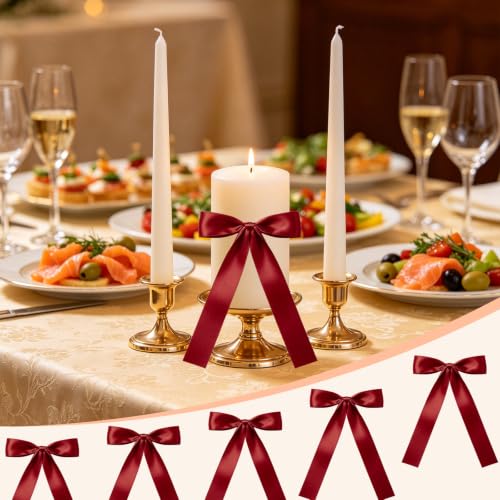 GKXMAXIWANG Burgundy Satin Bow Set for Wine Glasses & Candles, 30 Pack