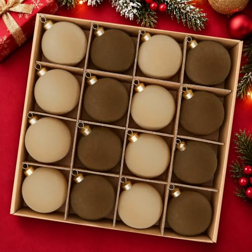 Velvet Christmas Ornaments Set - 16 Pcs, 3.15 Inch, Brown & Khaki