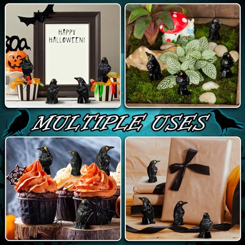 50 Pcs Halloween Miniature Crow Figurines - Black Resin Tiny Raven Decor