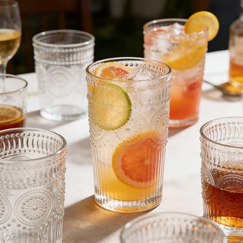 Loivttvv 12oz Vintage Clear Ribbed Highball Glasses Set - Embossed Sunflower Pattern for Cocktails Water Juice & Whiskey