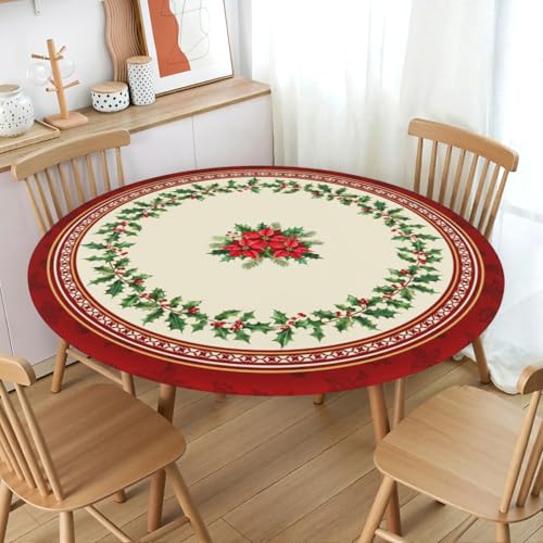 Roverantic Christmas Red Berry Round Tablecloth 44" Beige Elastic Edge Water-Resistant