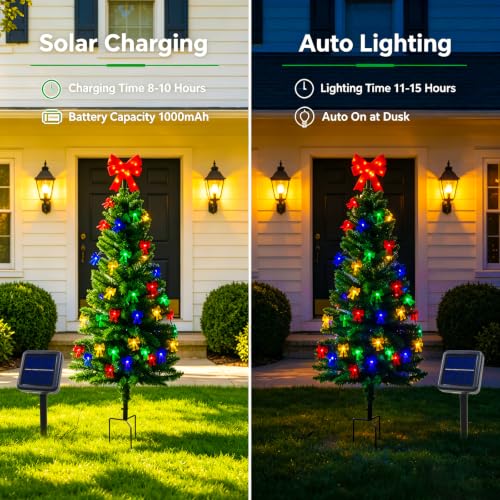 4ft Solar Christmas Tree with Bow Lights – Outdoor Garden Yard Decor (1 Pack, 50 Bow LEDs, IP65)