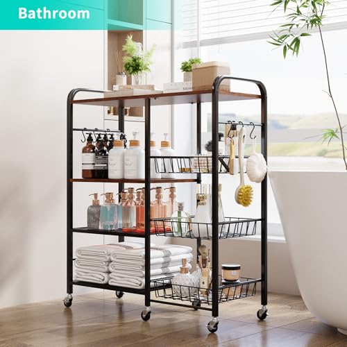 4-Tier Rolling Kitchen Microwave Cart with Pull-Out Baskets and Storage