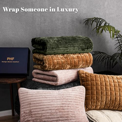 PHF Twin Size Rusty Burnt Orange Velvet Quilt Set - Luxury Square-Box Design