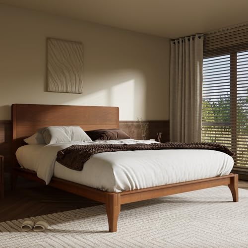 Queen Size Bamboo Platform Bed Frame with Tall Headboard, Noise-Free