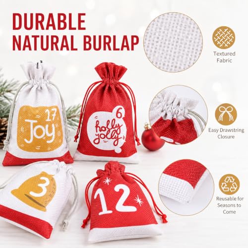 GWHOLE 24-Piece Christmas Advent Calendar Bags with Wooden Clips & Rope