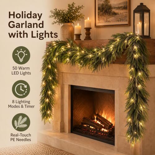 Auwoypetal 9FT Christmas Norfolk Pine Garland with 50 Warm White LED Lights