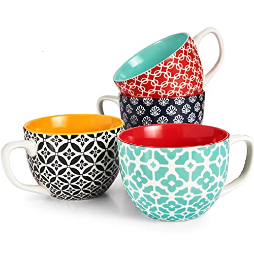DOWAN 24 OZ Vibrant Color Boho Mosaic Soup Mugs Set of 4 with Handle